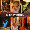 A collage of scenes from a Bloody Hotel DIY book nook kit featuring horror themes and distressed decor.