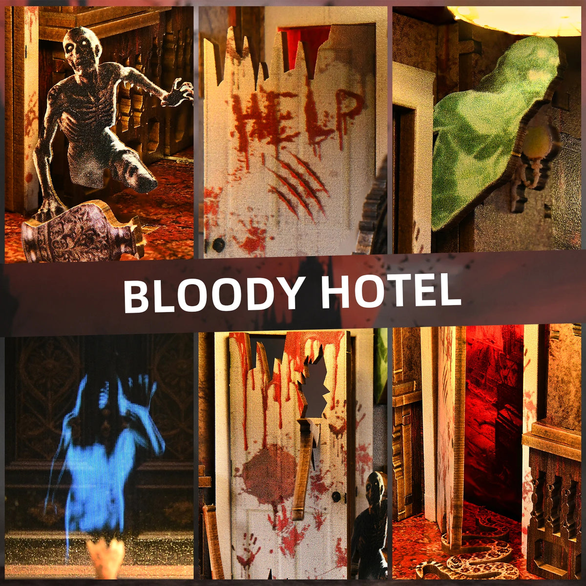 A collage of scenes from a Bloody Hotel DIY book nook kit featuring horror themes and distressed decor.