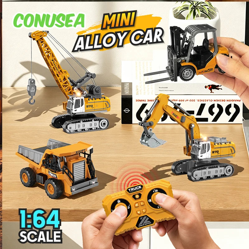 A collection of mini alloy car forklifts in various colors and scales, including a yellow excavator and a yellow truck model.