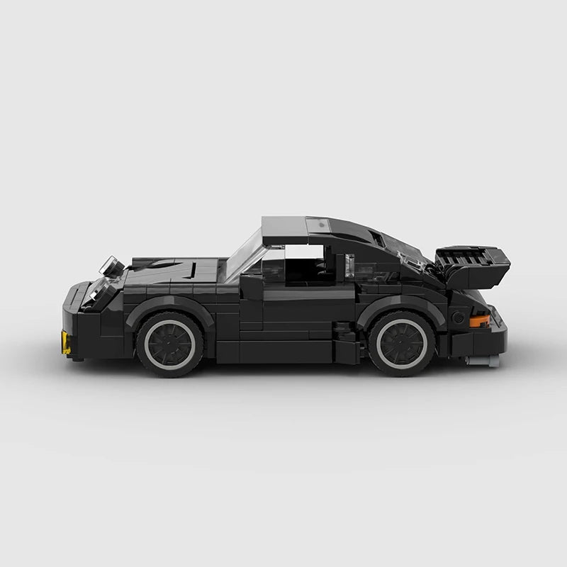 A black classic rally car model built from LEGO bricks.