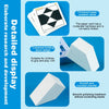 A set of geometric building blocks and question cards shown on a blue background.