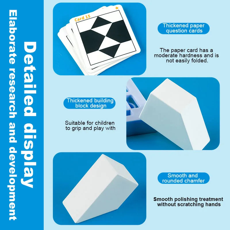 A set of geometric building blocks and question cards shown on a blue background.