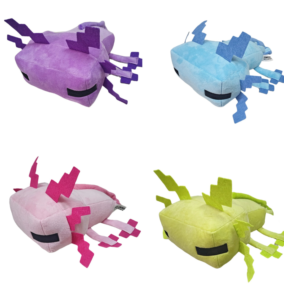 A collection of three plush toys shaped like axolotls in purple, blue, and pink.