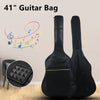 A black padded guitar bag is shown next to a guitar, with musical notes floating in the background.