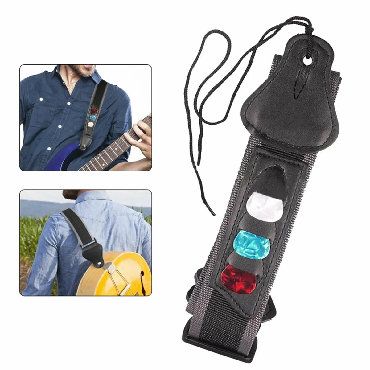 An adjustable guitar strap with three pick holders and PU leather ends is shown alongside examples of its use.