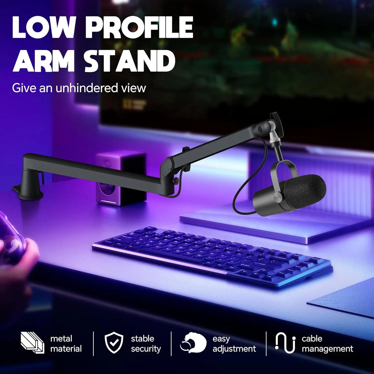 A black low profile arm stand microphone is shown on a desk with a keyboard and various features highlighted.