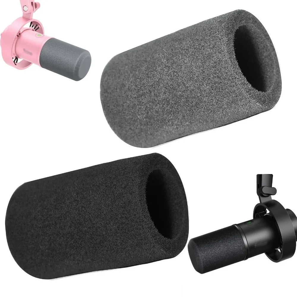 A set of black and pink flocked foam microphone windscreen covers and mounting clips.