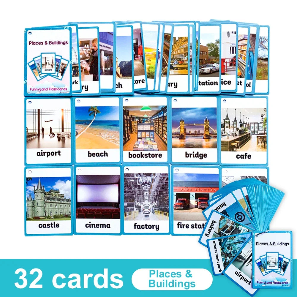 A set of 32 themed English vocabulary flashcards showing various places and buildings like airports, castles, bridges, and ca