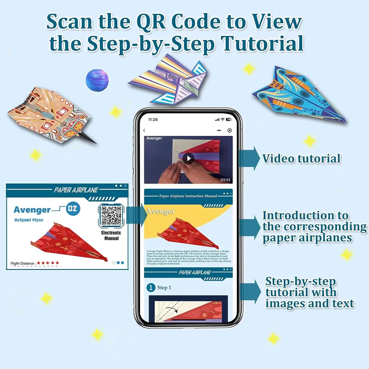 A promotional image showing a QR code and various paper airplanes, alongside a smartphone screen displaying a step-by-step tu