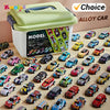 A variety of mini pull-back cars in various colors are displayed next to a storage bucket labeled Alloy Car.