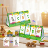 A green and white picture recognition word builder game featuring cards with letters like cat and cap for children
