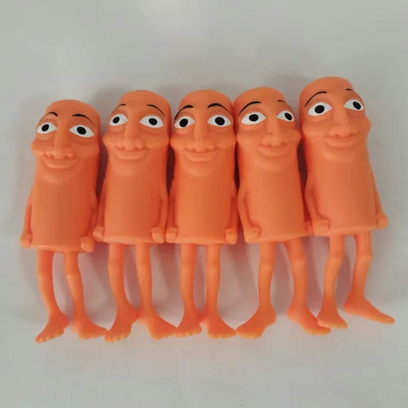 A row of eight orange sensory decompression toys with expressive faces.
