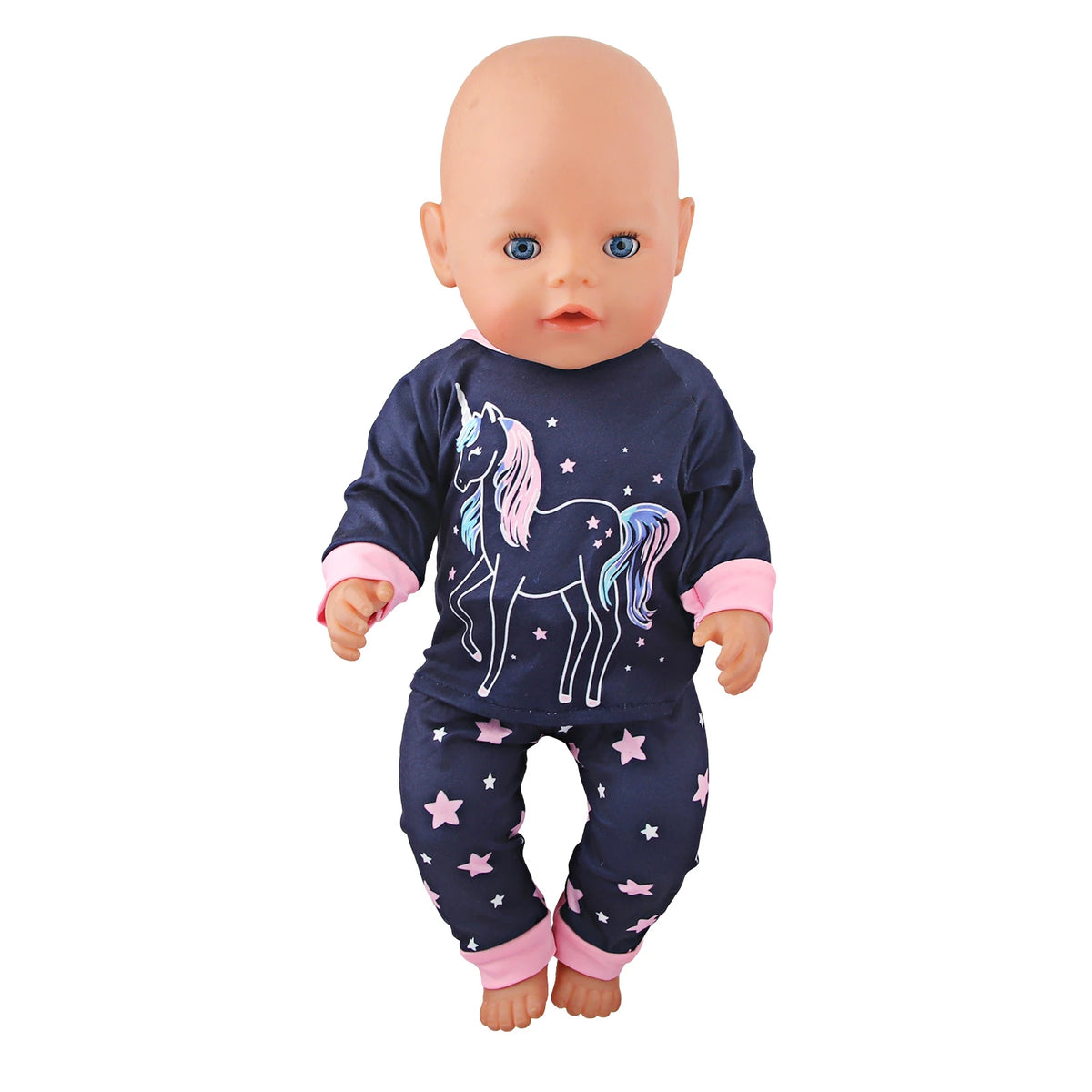 A baby doll wearing a navy blue unicorn pajama set with pink trim and blue eyes.