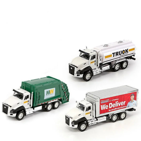A white truck model with 'TRUCK' lettering and a green truck model with 'MW' lettering displayed on a white background.