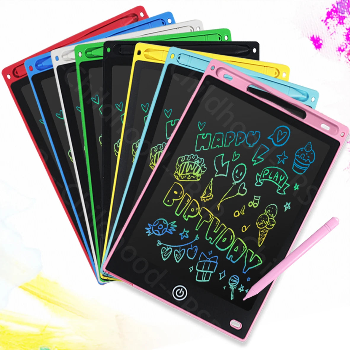 A stack of colorful 8.5-inch LCD writing tablets for kids with stylus pens.