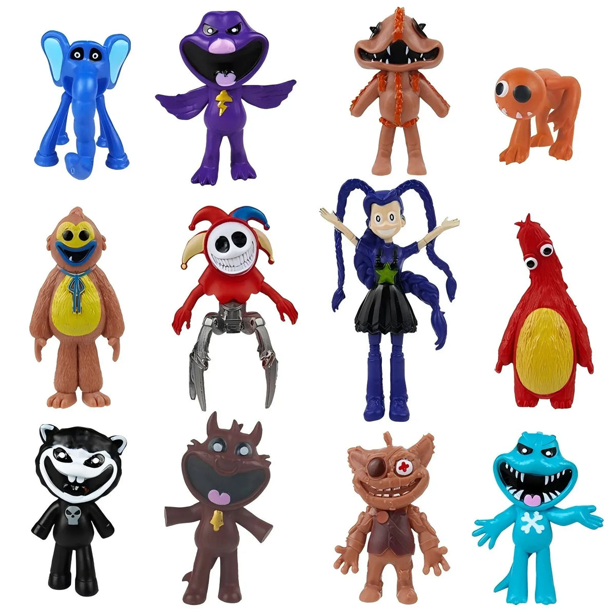 A collection of various Poppy Playtime character dolls and collectible figures in different colors and styles.