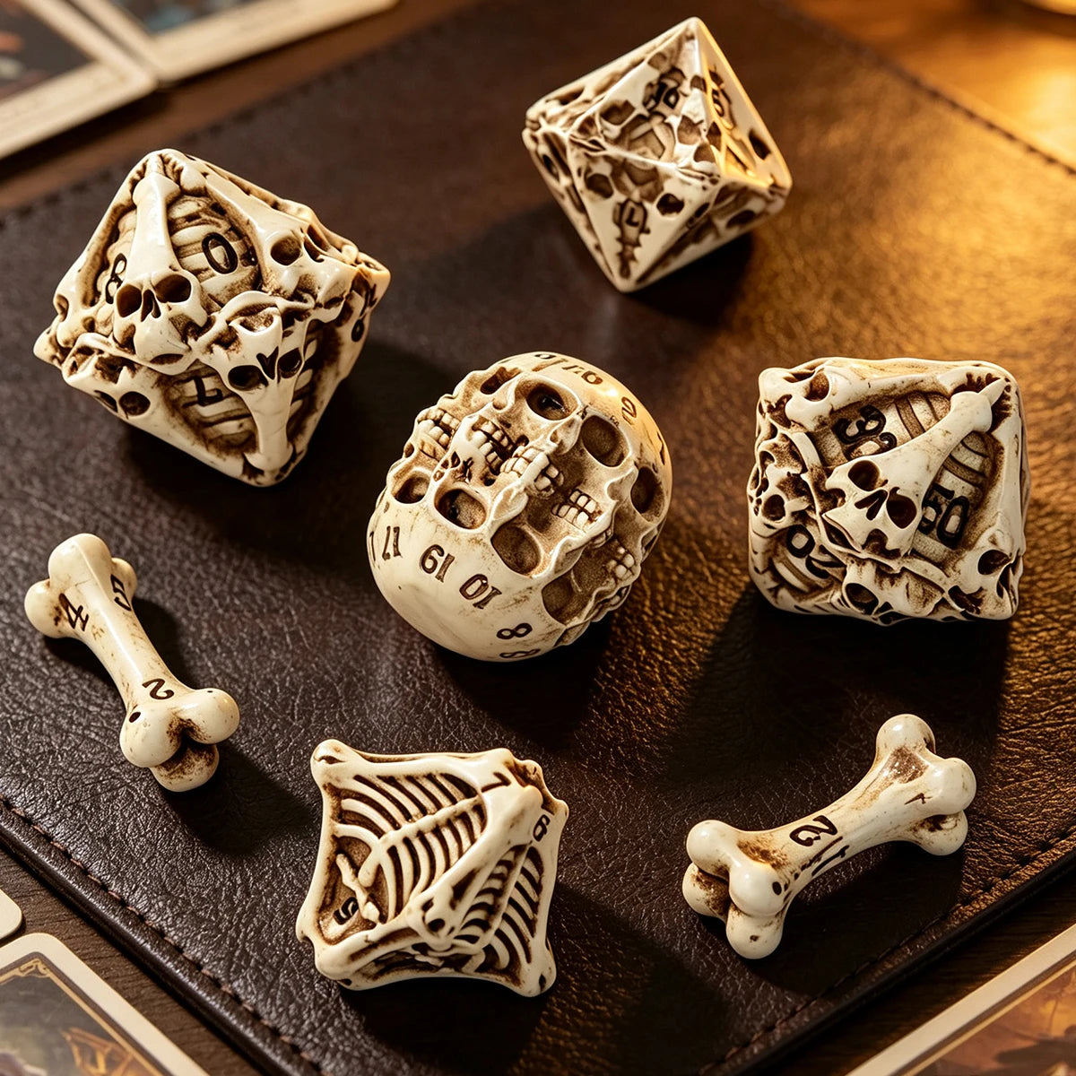 A set of bone and skull carved polyhedral dice resting on a dark leather surface.