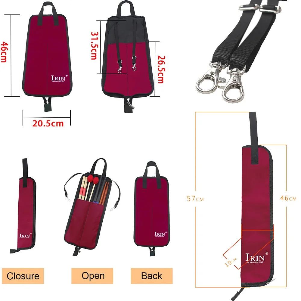 Various views of a maroon IRIN drumstick carrier bag showing closure, open, and back details.