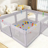 A large gray baby playpen with a breathable mesh enclosure and colorful balls inside