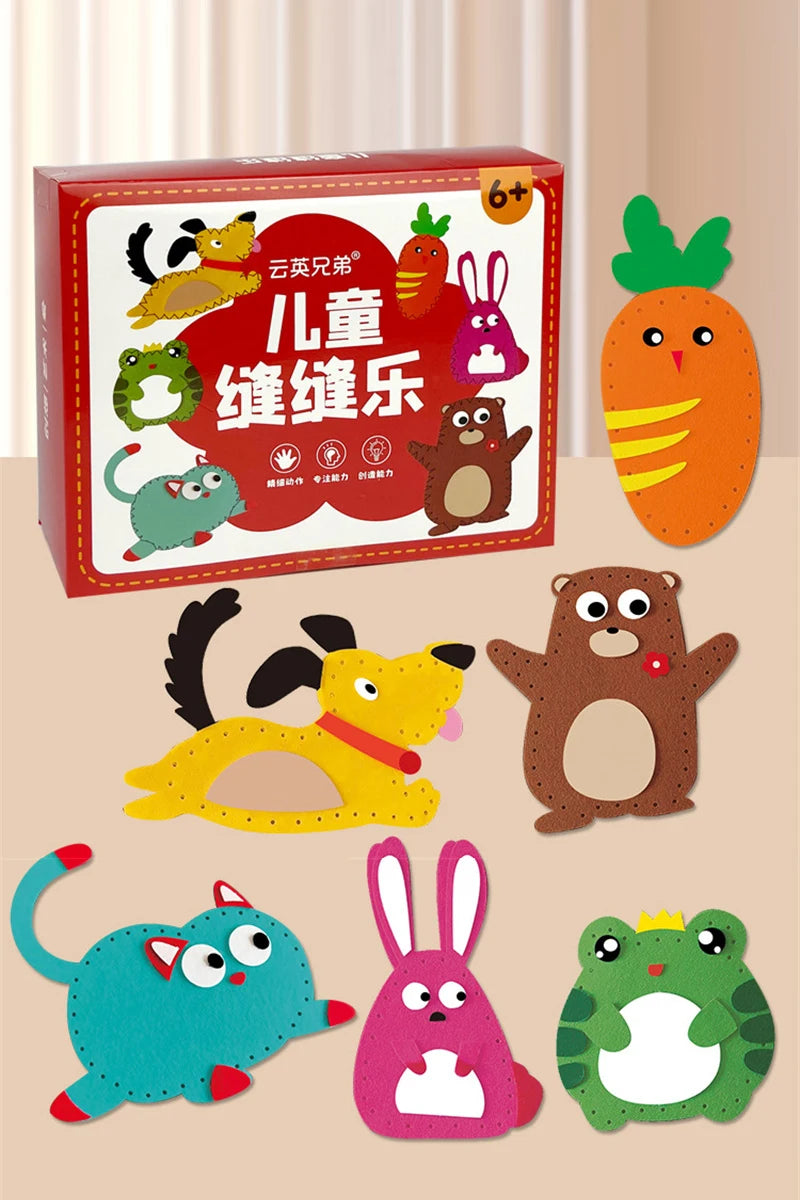 A box of an animal felt sewing kit for kids featuring various stuffed animals like a fox, frog, and bear.