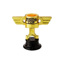 A small golden trophy cup with a stand, suitable for kids and events.