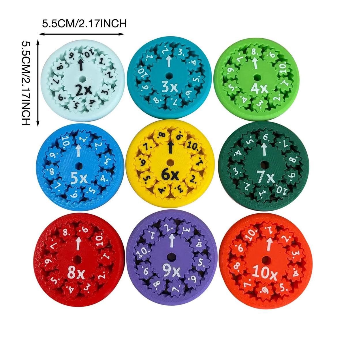 A set of eight colorful math fidget spinners showing multiplication practice for kids.