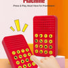 A red sound effects machine with multiple yellow buttons is shown being pressed by a hand.