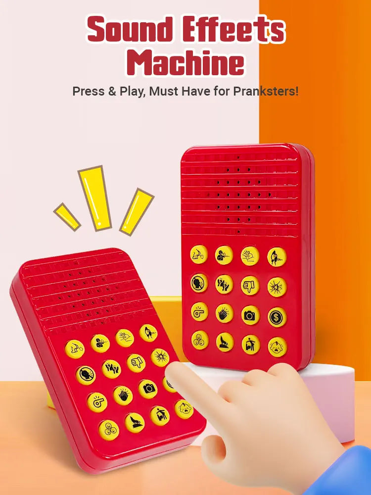 A red sound effects machine with multiple yellow buttons is shown being pressed by a hand.