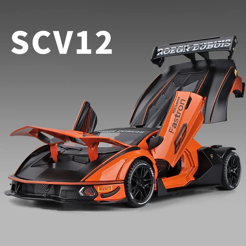 Orange 1:24 Lamborghini Essenza SCV12 diecast model car with racing features