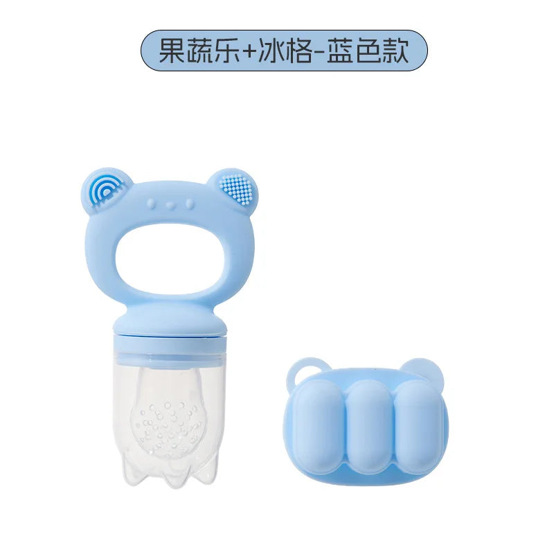 A set of silicone fruit teethers and a silicone pacifier shown in light blue.
