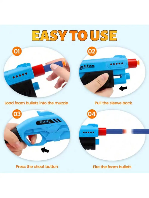 Fire trin til at lade, klar og affyre en blød blå dartpistol til børn
