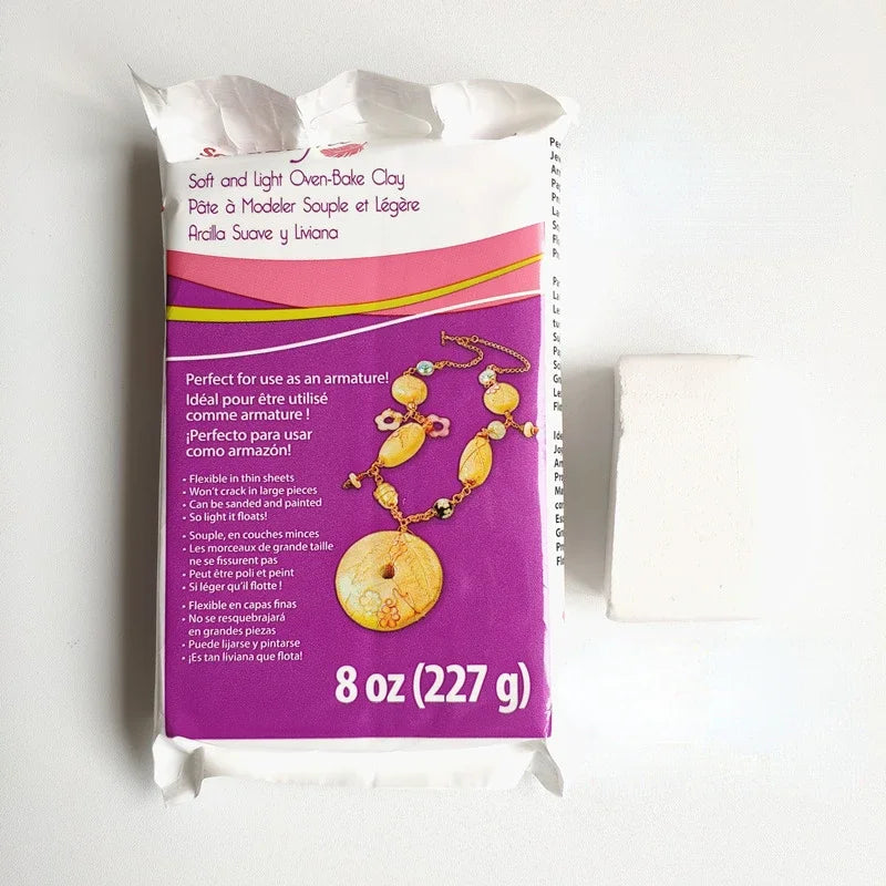 A package of soft and light oven-bake clay in purple packaging with instructions for use