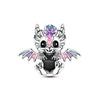 A silver heart charm bead featuring a dragon head design with iridescent pink and purple accents.