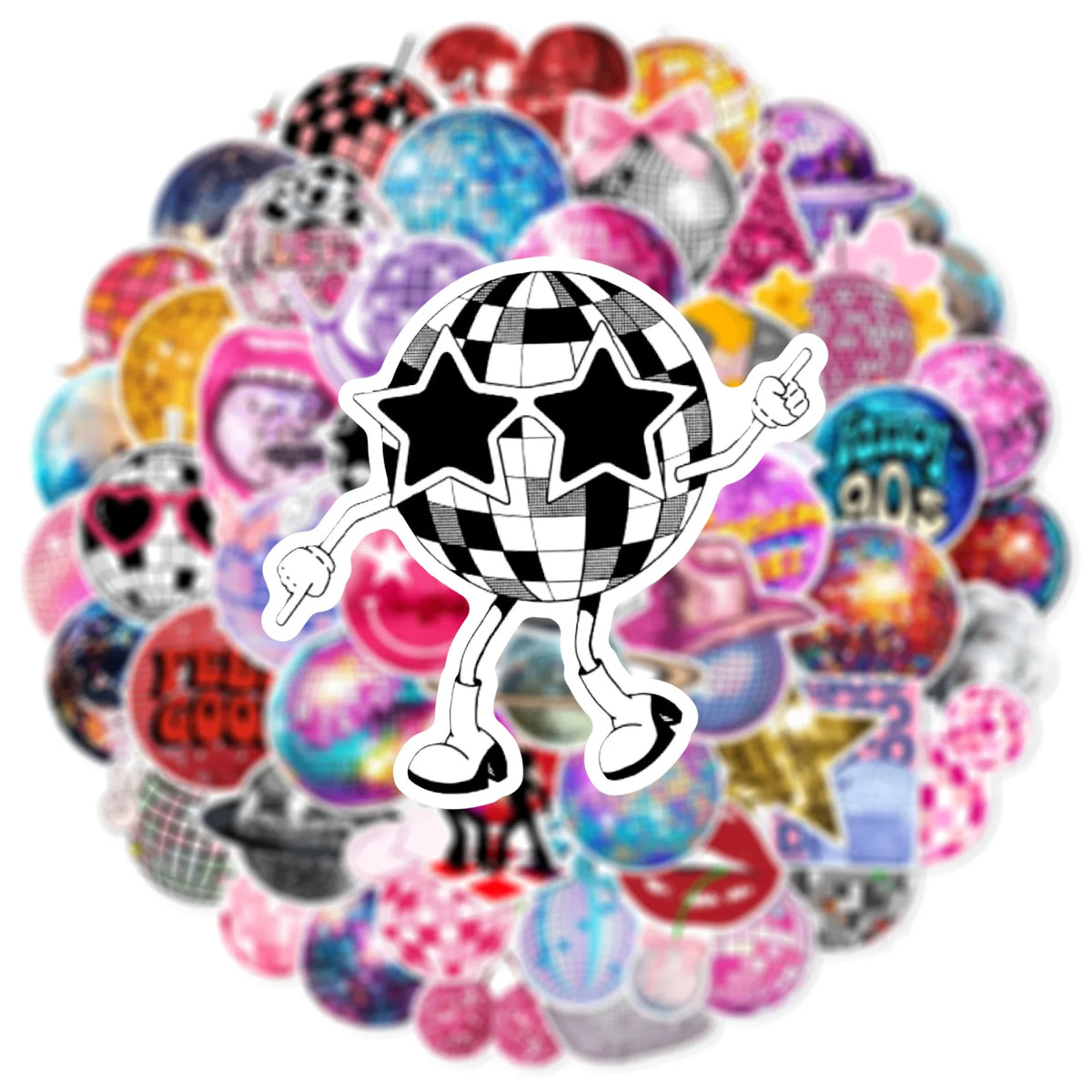 A colorful collage of disco and graffiti-themed stickers featuring various shapes and patterns.