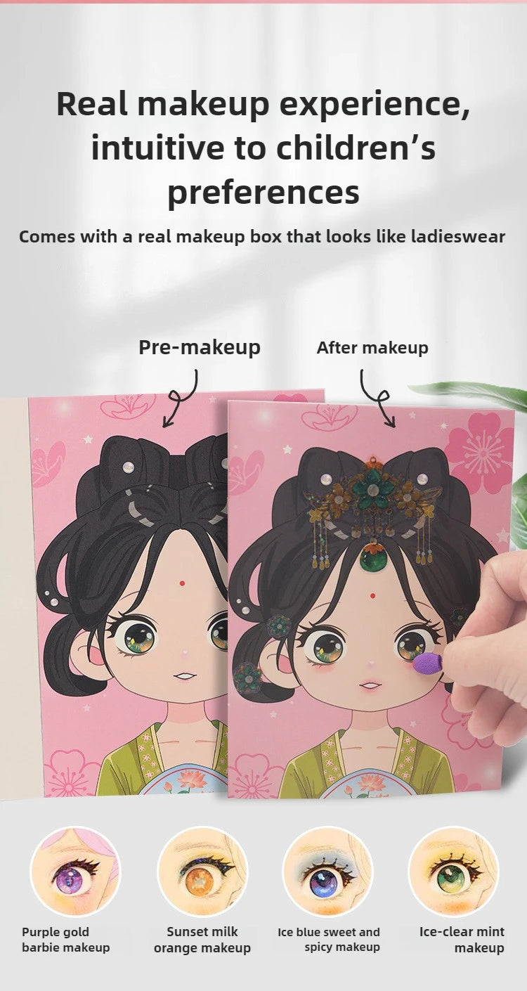 A set of makeup looks featuring purple gold, sunset milk orange, and ice blue sweet and spicy, presented on cards.