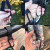 Close-up shots of aluminum alloy stroller hooks with nylon straps being held by a hand.