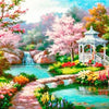 A vibrant diamond painting depicts a scenic forest with pink blossoms, lush greenery, and a flowing stream.