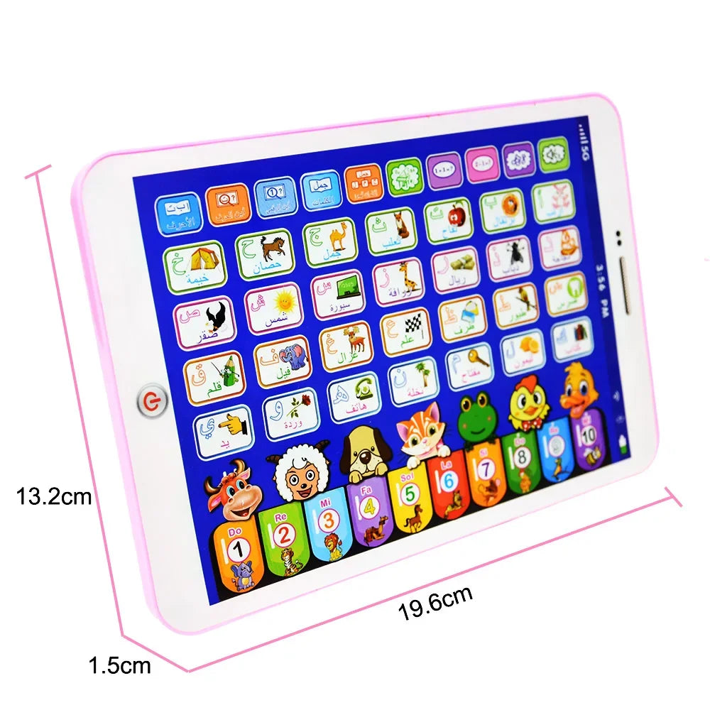 A pink interactive learning tablet for kids displaying colorful educational games and numbers on its screen.