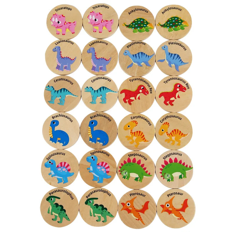 A set of wooden memory matching puzzles featuring various dinosaur and animal figures for children's cognitive training.