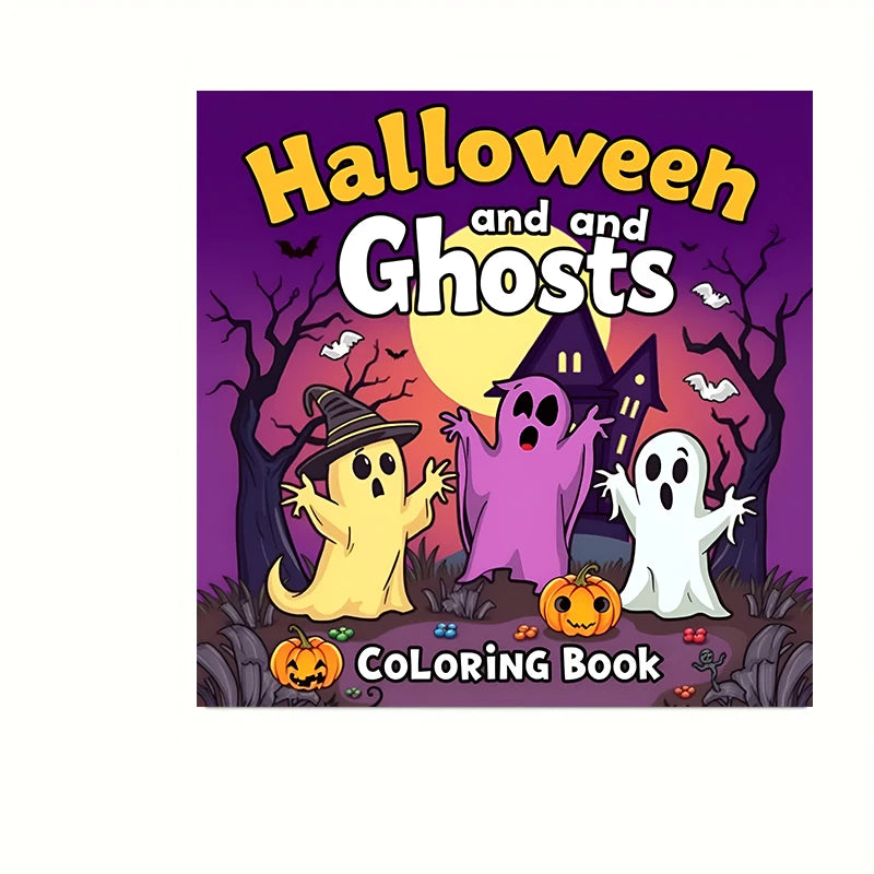 Cover of a Halloween and Ghosts coloring book featuring spooky characters like a witch, ghost, and bats against a purple back