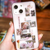 A hand holds a phone case decorated with various Japanese vintage kawaii stickers for scrapbooking