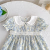 A light blue and white floral dress for girls featuring a white Peter Pan collar and delicate lace trim.