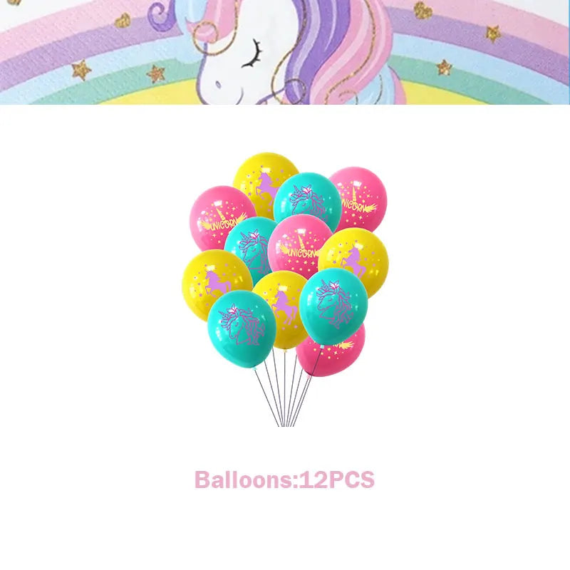 A bunch of colorful balloons in yellow, pink, and teal are shown with strings for a unicorn party kit.