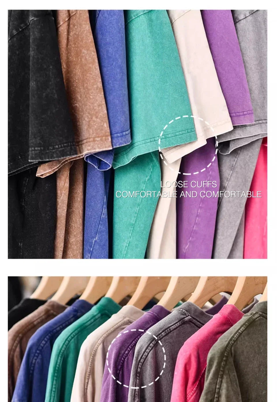 A close-up of several loose, colorful men's retro washed cotton t-shirts displayed on a hanger.