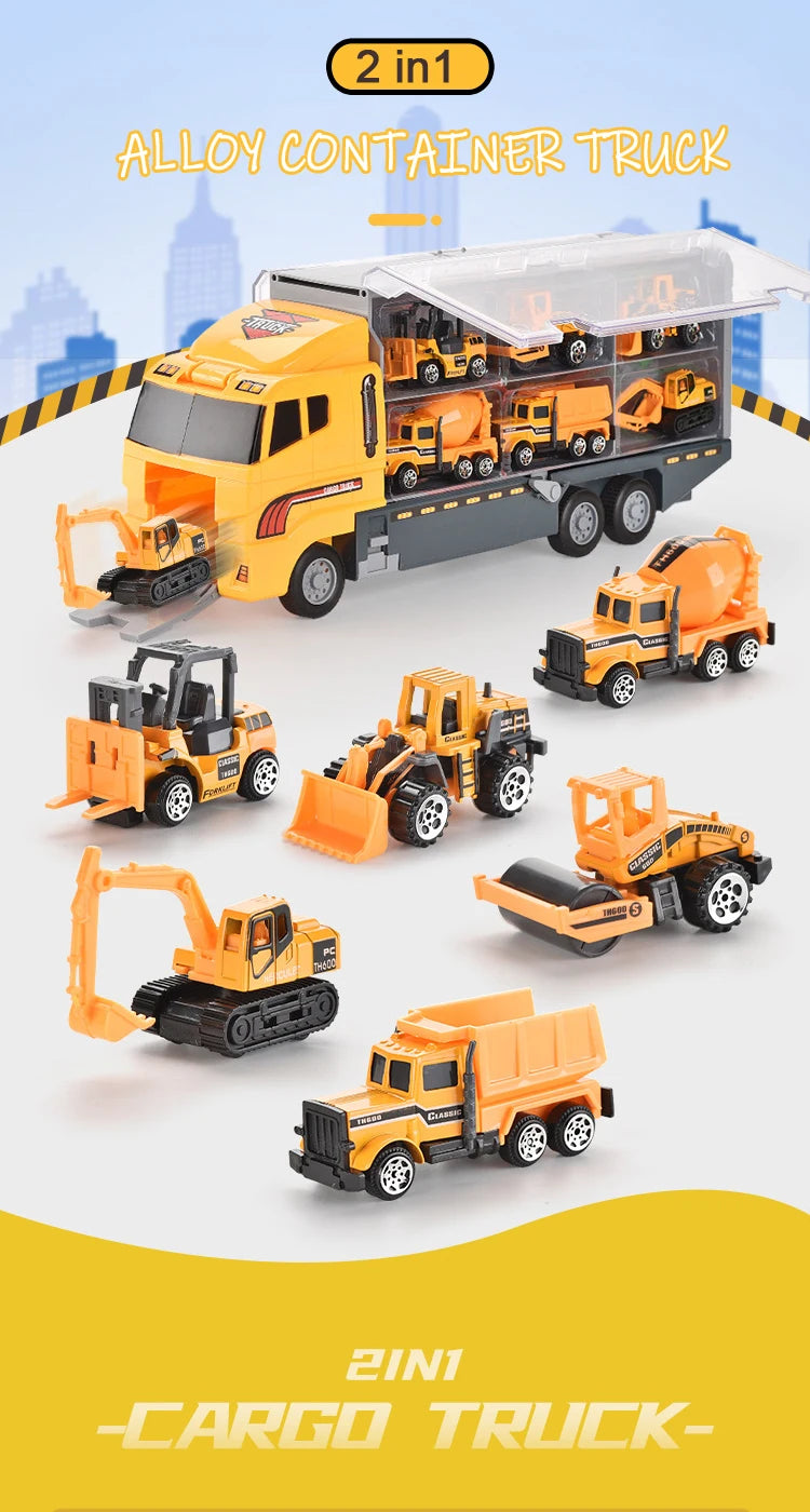 A set of two in one alloy container truck and a cargo truck diecast construction vehicle playset.