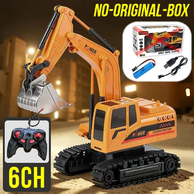 An orange remote control excavator toy with a silver bucket and tracks is shown on a dirt surface.