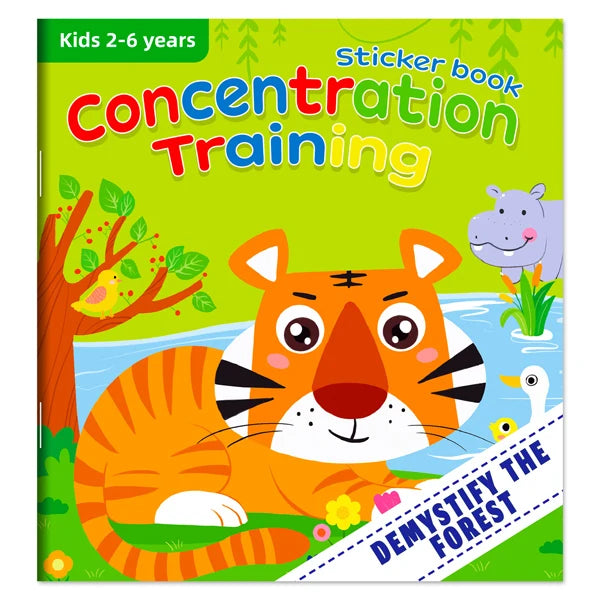 A children's sticker book titled Concentration Training featuring an orange tiger in a green forest setting.