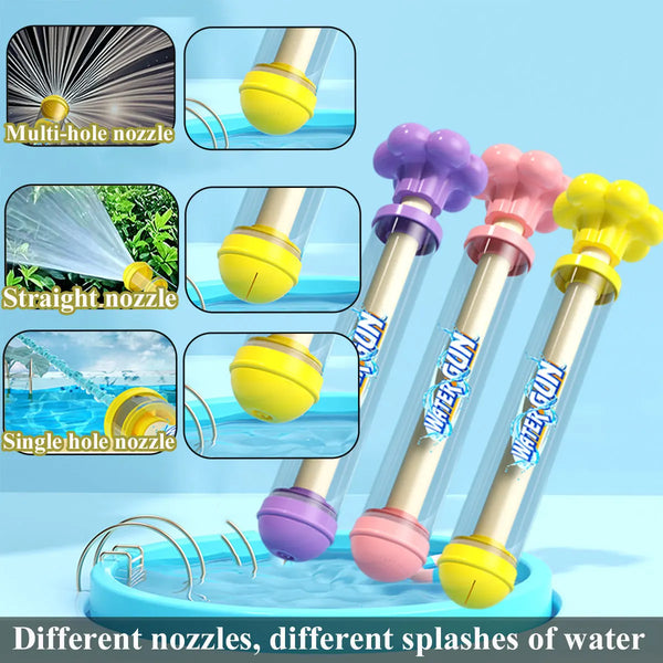A set of different colored water nozzles and guns spraying water in a bathtub.