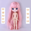 A pink Blyth fashion doll with long hair and large blue eyes is displayed against a light gray background.