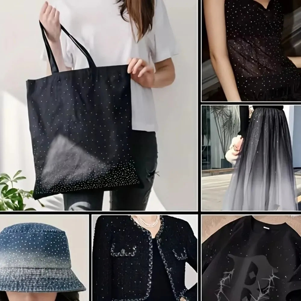 A set of five black and gray gradient polka dot rhinestone sticker sheets displayed on a white canvas bag.